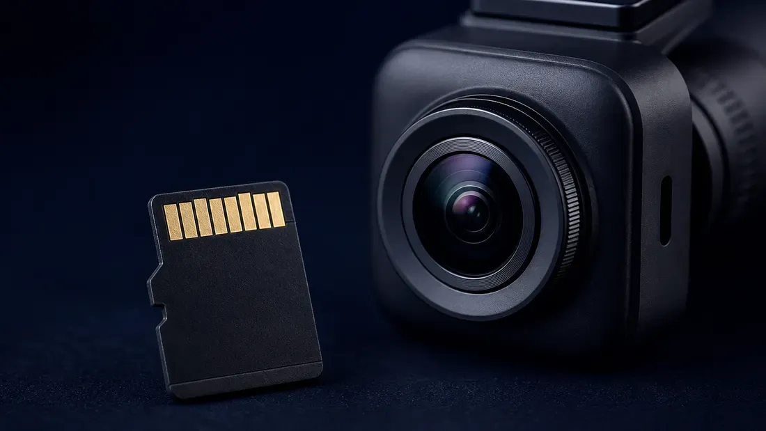 Memory card with gold contacts beside a compact dashboard camera