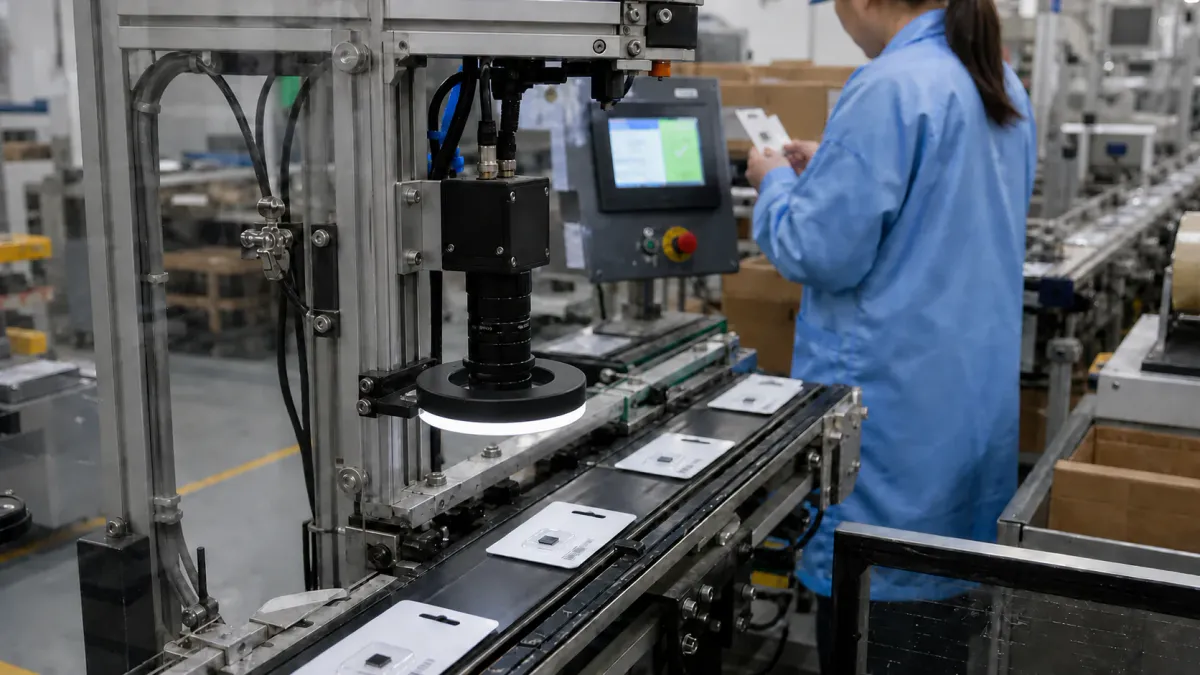 Illustrated packaging line with an inspection camera above memory-card retail packs