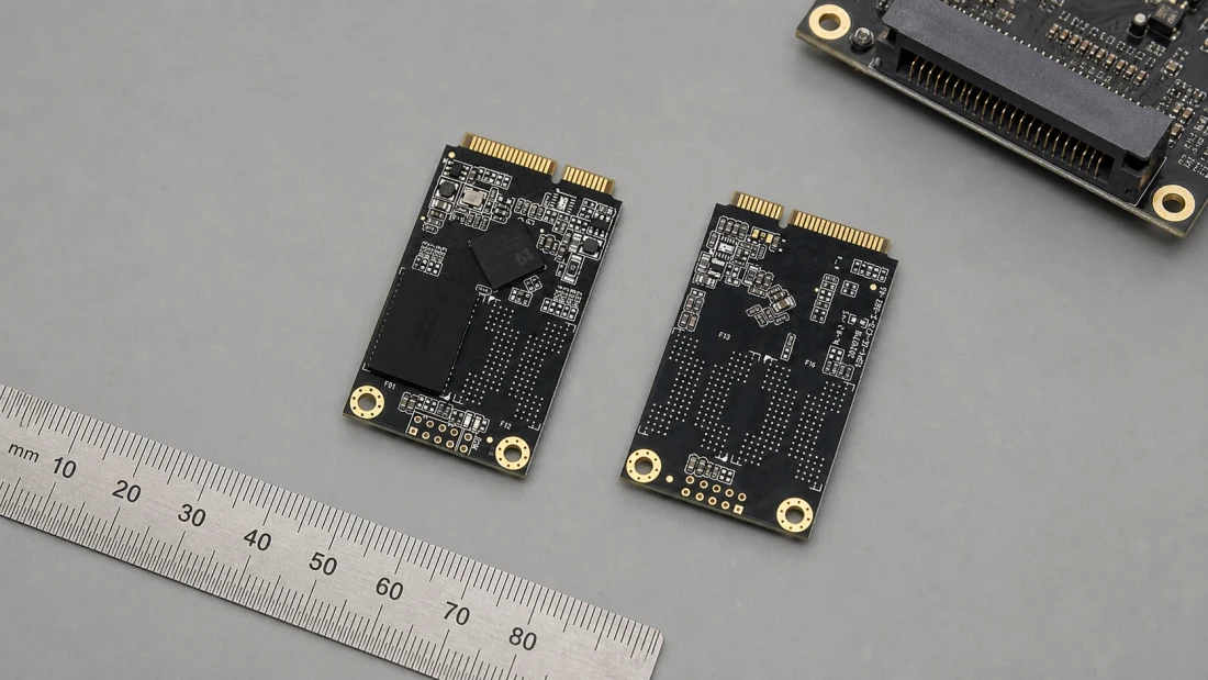 Front and back of two full-size black mSATA SSD modules beside a metric ruler and matching host socket