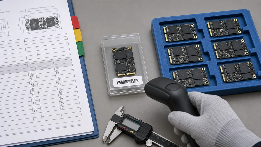 Specification and quotation records beside one approved mSATA sample and a matching incoming lot under barcode comparison