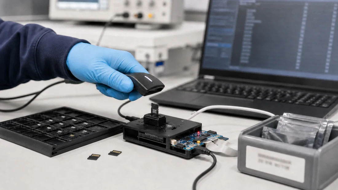 Production worker inspecting trays of flash-storage samples during incoming quality control