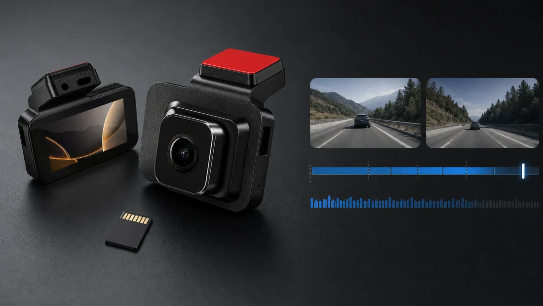 Square dashcam with a red top button, matching rear/display module, microSD card and two video streams with a blue retention timeline