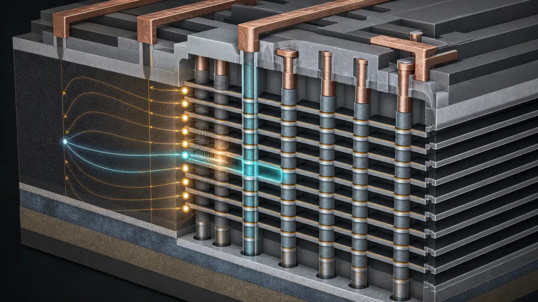 Isometric educational cutaway of vertical NAND strings showing a selected wordline, pass-through bias and neighboring-cell coupling