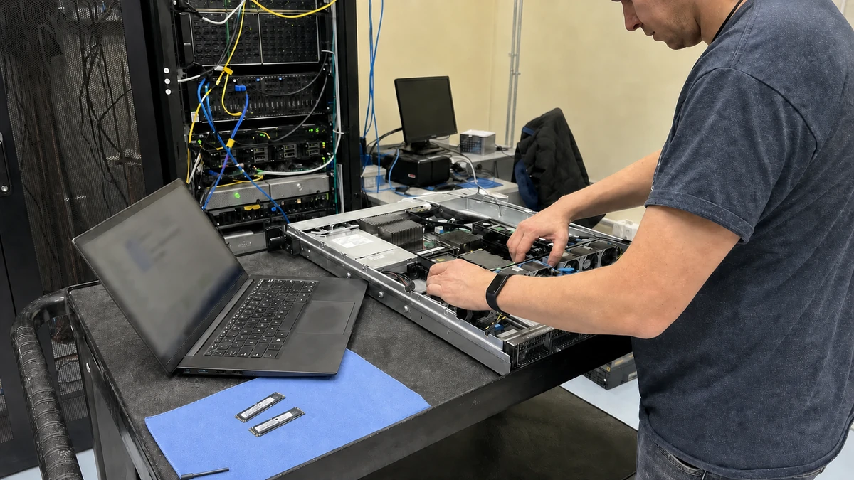 Technician servicing one server during an NVMe firmware canary in a working test lab