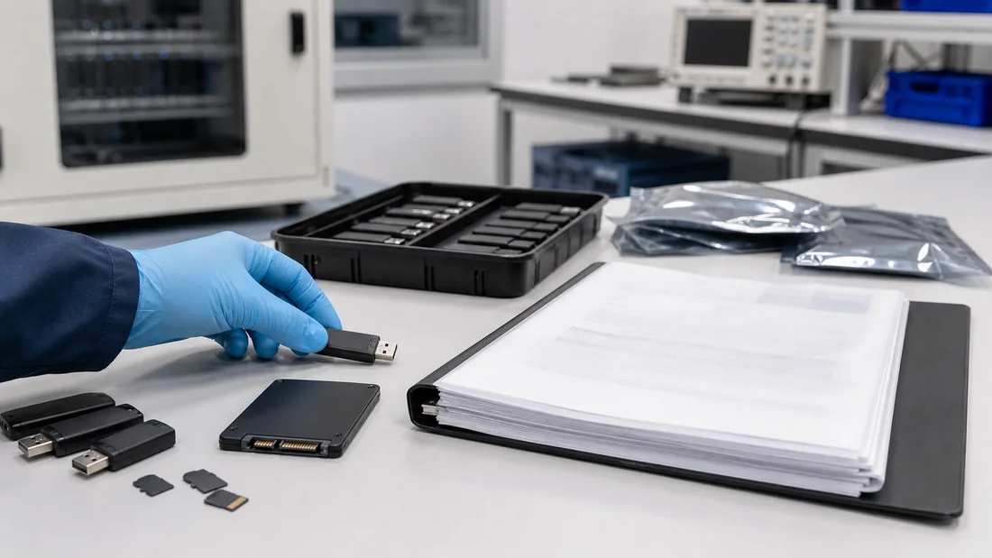Flash-storage samples and compliance document pack on an electronics lab quality desk