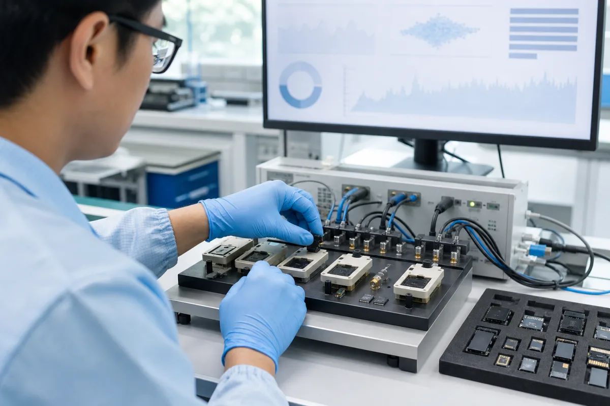 Engineer qualifying memory samples on a controlled electronics test fixture